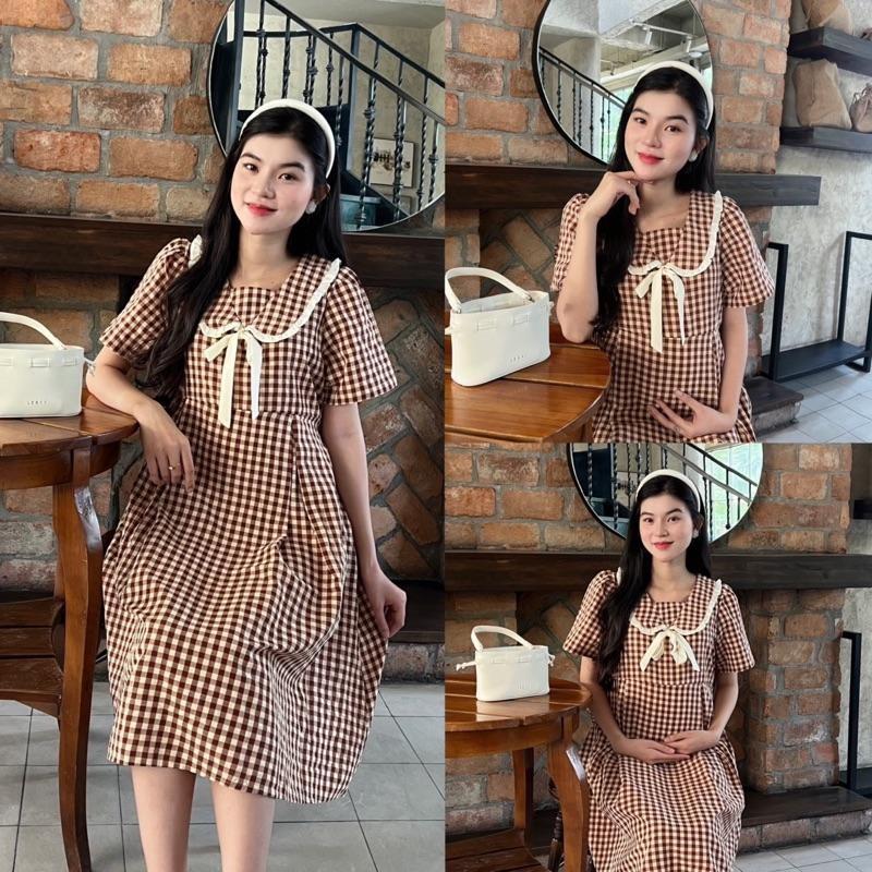 Đầm bầu Karo xếp ly cổ viền bèo xinh xắn, nhẹ nhàng baby nhẹ nhàng đáng yêu - Nâu