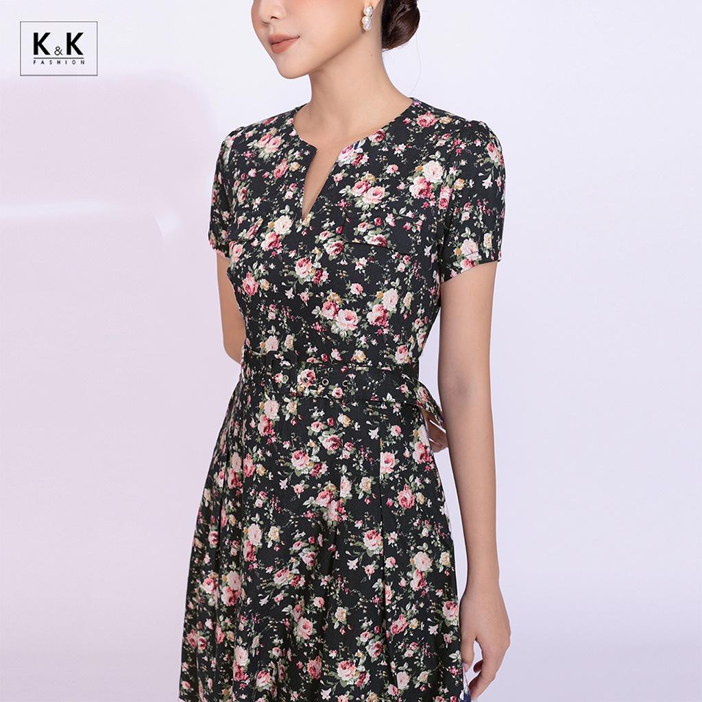 Đầm Xòe Họa Tiết Hoa Cổ Xẻ V K&amp;K Fashion KK130-37 Chất Liệu Kaki Thun