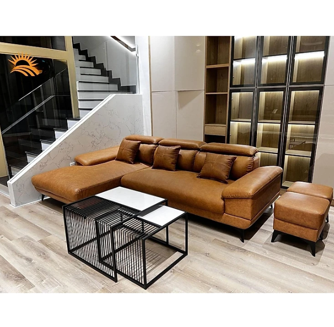 Sofa góc L da bò Italy Tundo màu nâu SFLCT17 2m8 x 1m6 hàng cao cấp chuẩn da bò nhập khẩu Ý