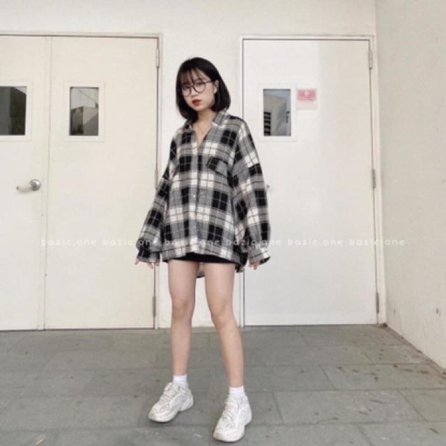 Áo Sơ Mi Nữ Hàn Quốc Sơ mi kẻ nâu đen tay bồng KOREA SIÊU XINH
