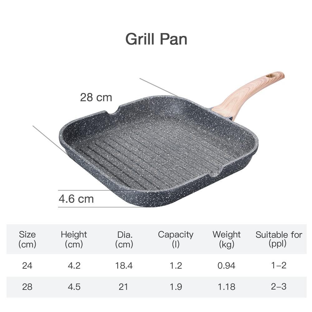 Chảo Nướng Bít Tết BBQ Carote Essential Woody 28cm Non Stick Square Die-Cast Aluminum Grill Pan Steak Pan Chảo Vuông Chống Dính 28Cm Chảo Bít Tết, Đa Chức Năng Phủ chống dính đá Maifan_Không chứa PFOA_Phù hợp cho mọi loại bếp