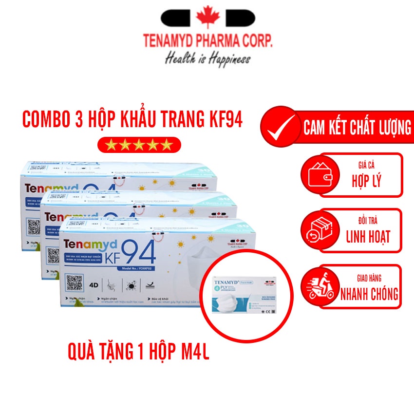 (COMBO 3 HỘP + QUÀ TẶNG) Khẩu Trang KF94 Người Lớn Màu Trắng Tenamyd Chính Hãng