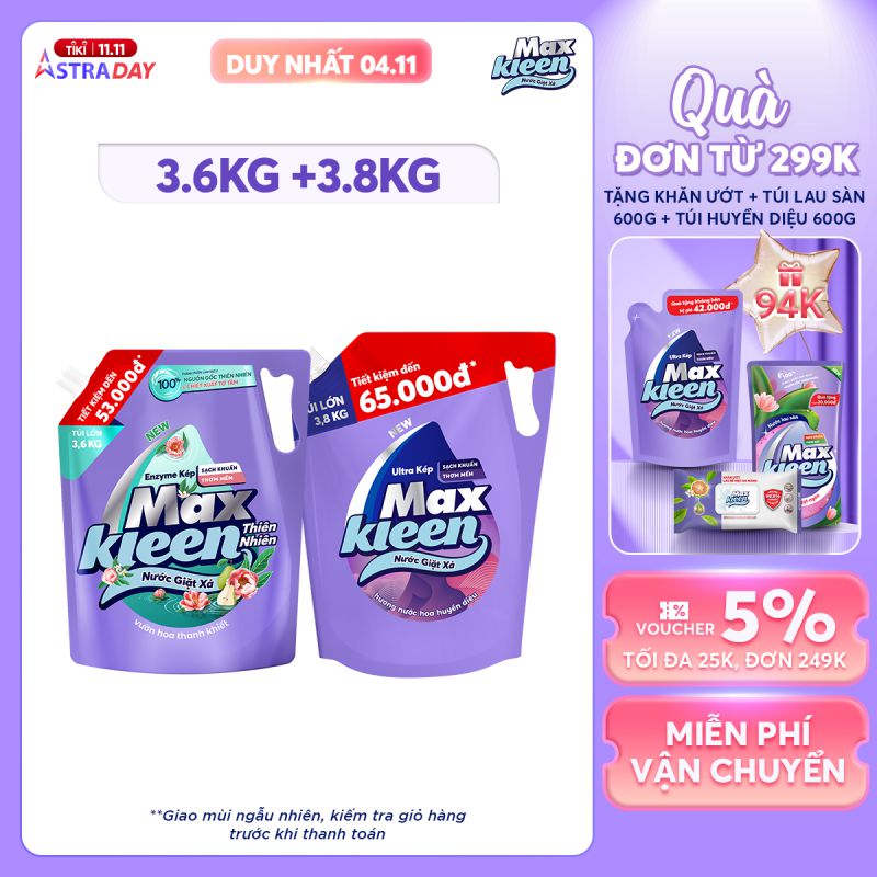 Combo Túi Nước Giặt Xả MaxKleen Thiên Nhiên 3.6kg + Túi Huyền Diệu 3.8kg