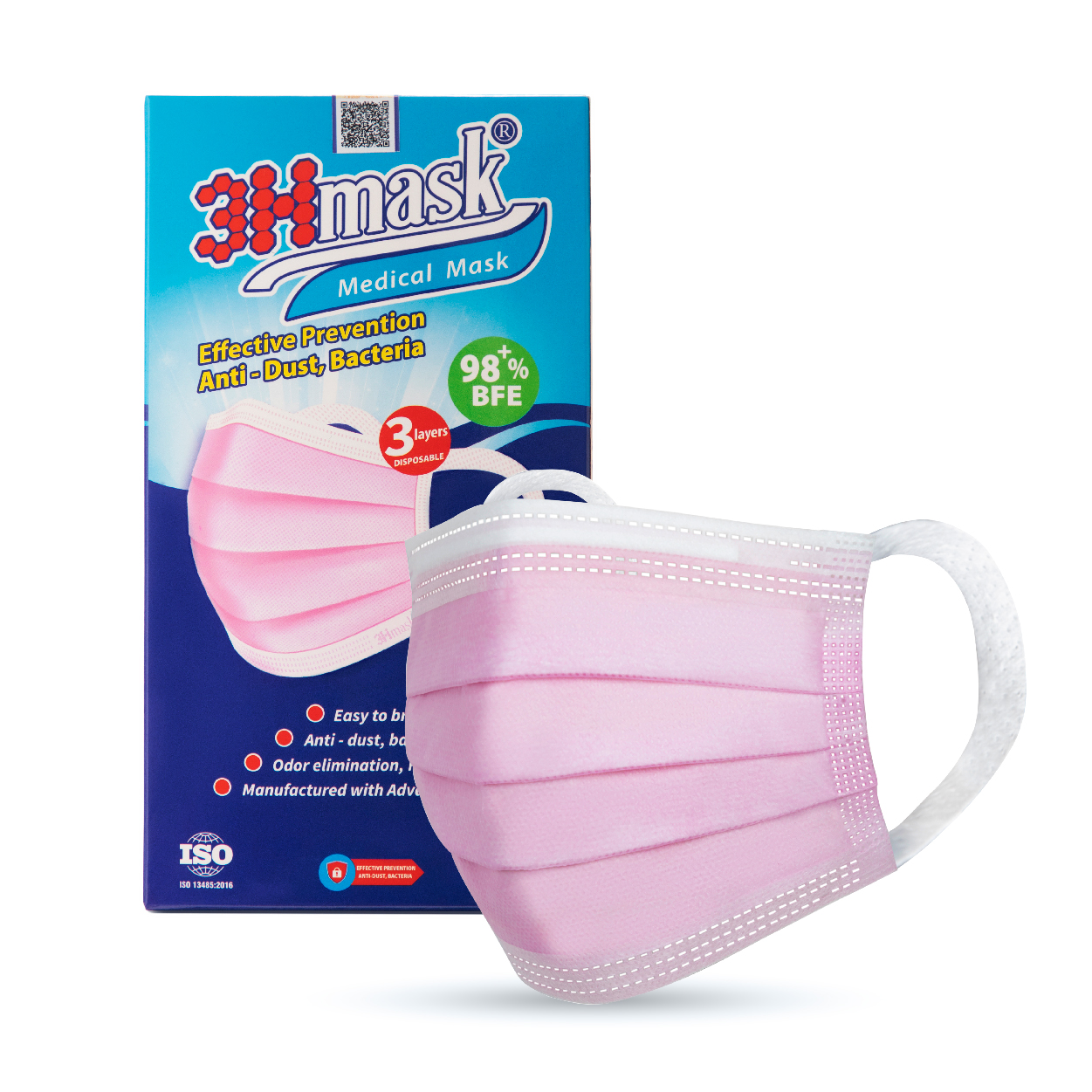 Khẩu Trang Y Tế 3Hmask 3 Lớp Quai Bản (Hồng)