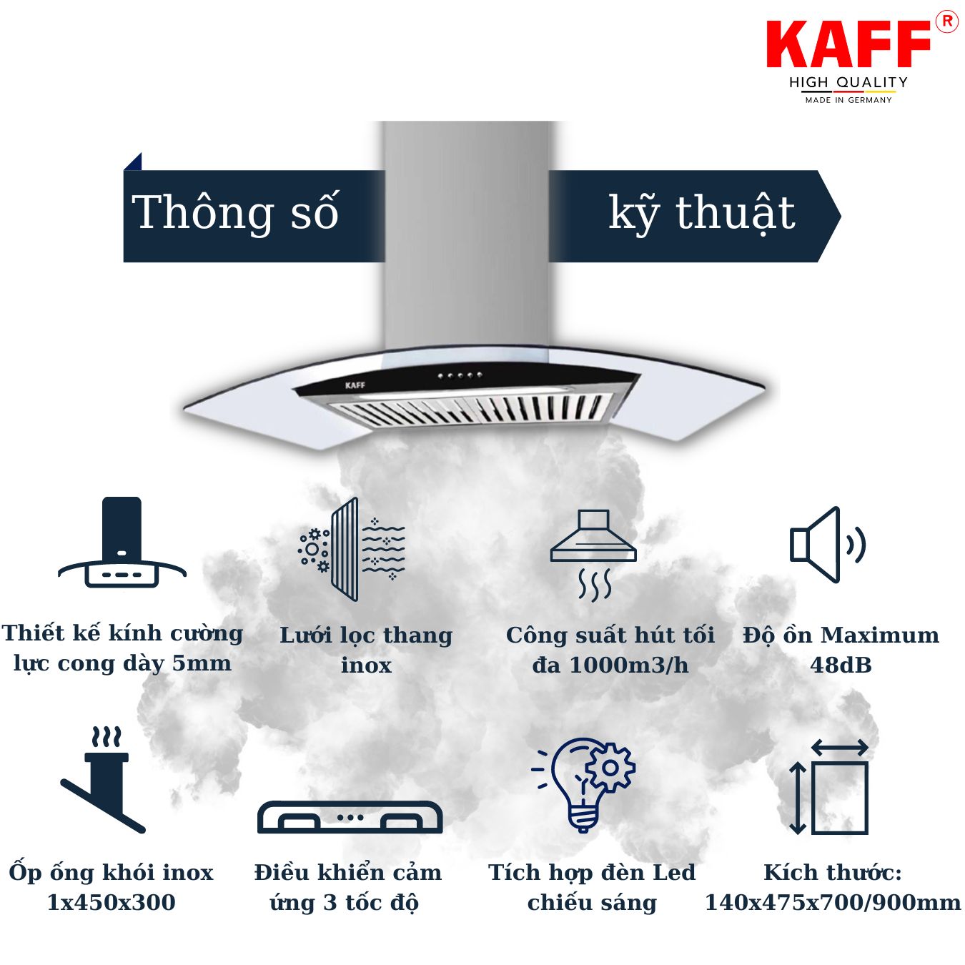 Máy hút mùi kính cong 700mm KAFF KF-GB785N Tặng bộ lọc than thay thế  - Hàng Chính Hãng