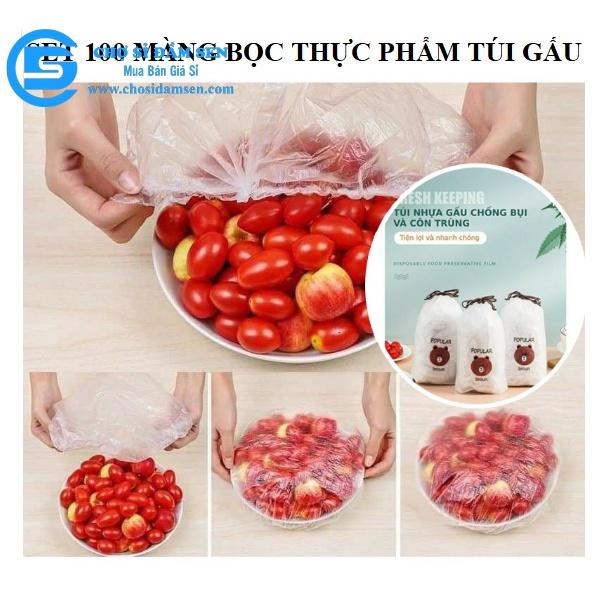 Set 100 màng bọc thực phẩm túi gấu, màng bọc thực phẩm PE có chun bọc đồ ăn co giãn tái sử dụng nhiều lần