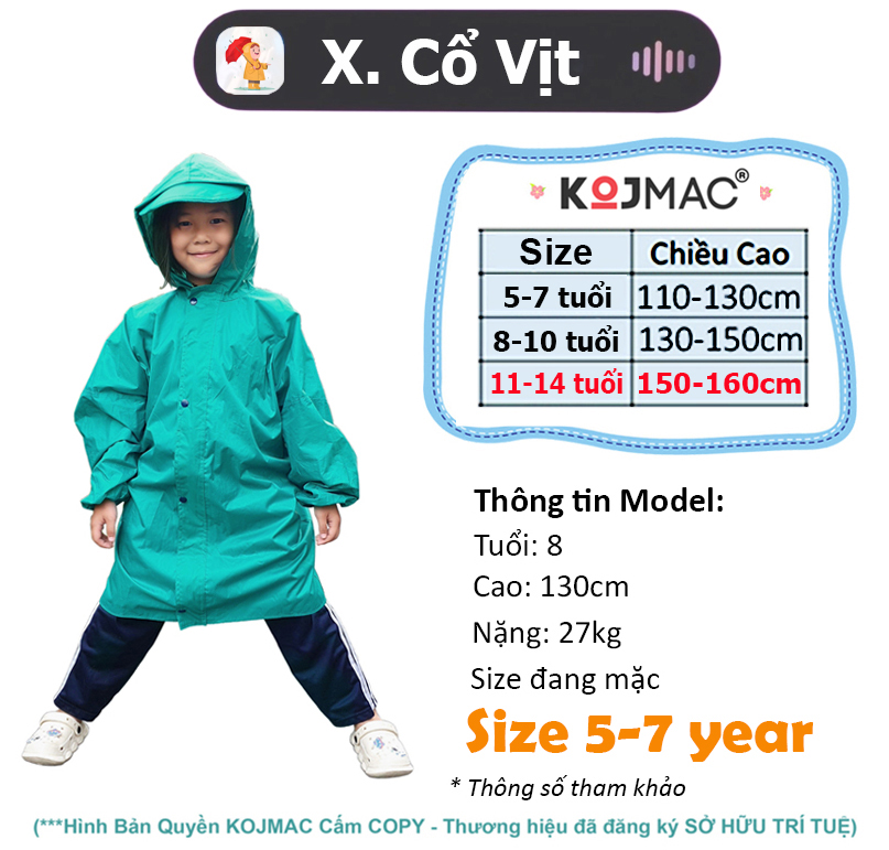 Áo Mưa Trẻ Em Dây Khóa Kéo KOJMAC Raincoat For Kid ( Bộ Quần Áo Liền Thân Cho Bé Học Sinh Balo vải dù da cá .. giá sỉ )