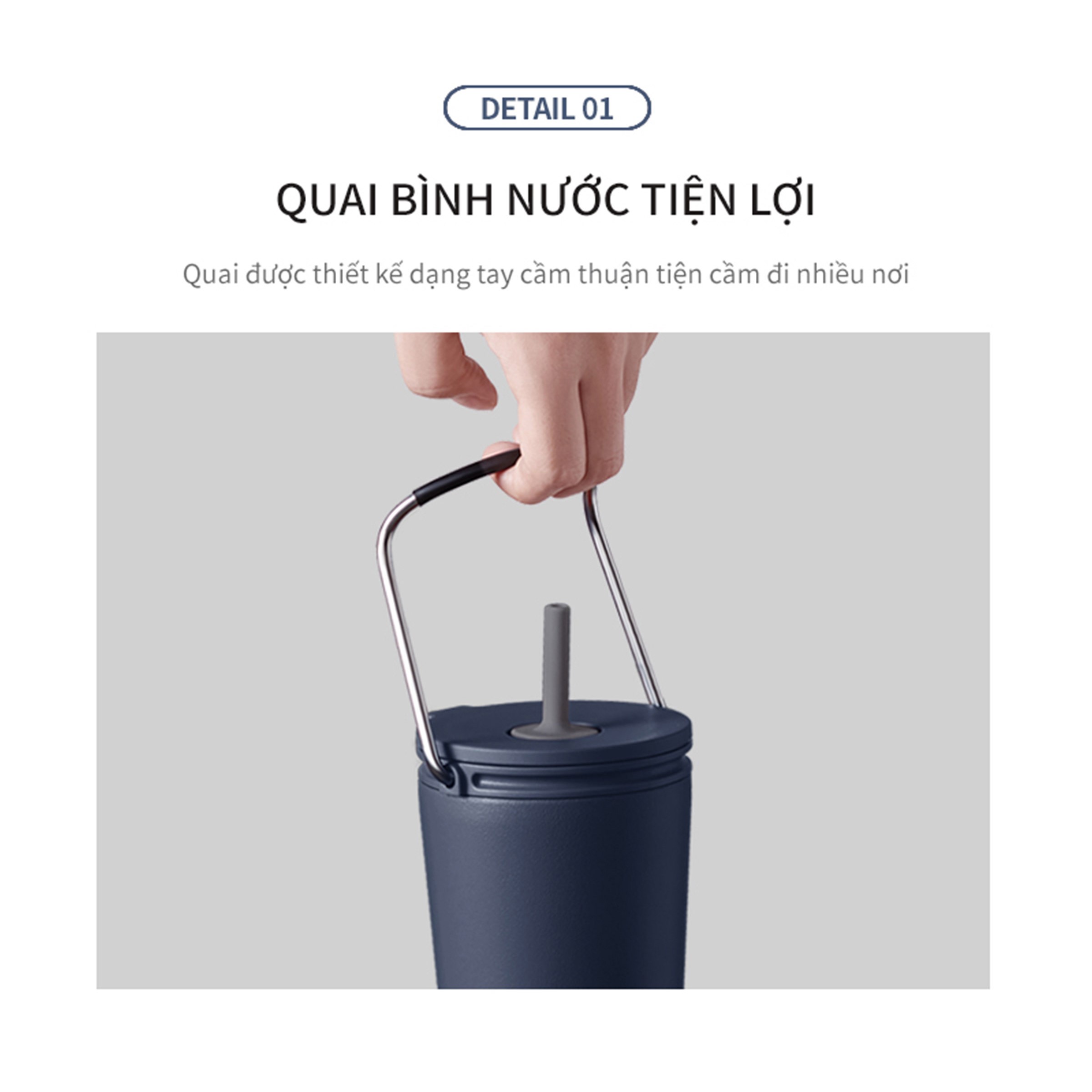 Bình giữ nhiệt Lock&amp;Lock Bucket Tumbler Nắp đậy có ống hút - Màu xanh navy LHC4268NVY 540ml - Hàng chính hãng thép không gỉ quai xách tiện lợi - JoyMall