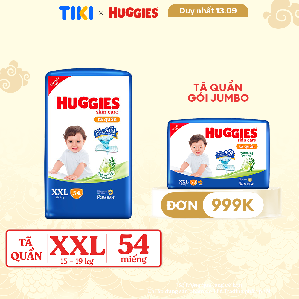 Tã/bỉm quần Huggies Skin Care Super Jumbo XXL54 miếng với tràm trà dịu da