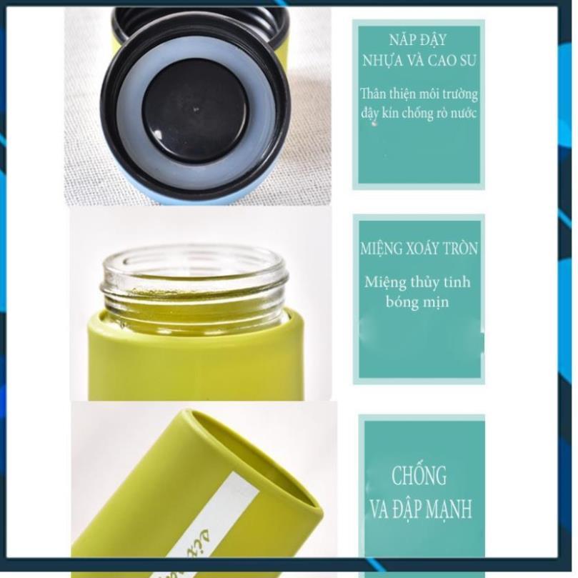 BÌNH ĐỰNG NƯỚC LÕI THỦY TINH BỌC NHỰA CHỐNG TRƠN TRƯỢT VA ĐẬP 6OUP 450ML CÓ 4 MÀU
