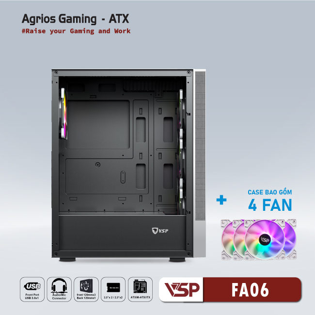 Vỏ máy tính Case VSP FA06 sẵn 4 Fan LED ARGB Gaming Kính cường lực - Hàng chính hãng Tech Vision phân phối