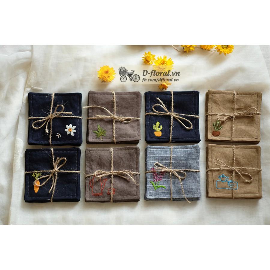 Set lót ly linen thêu tay