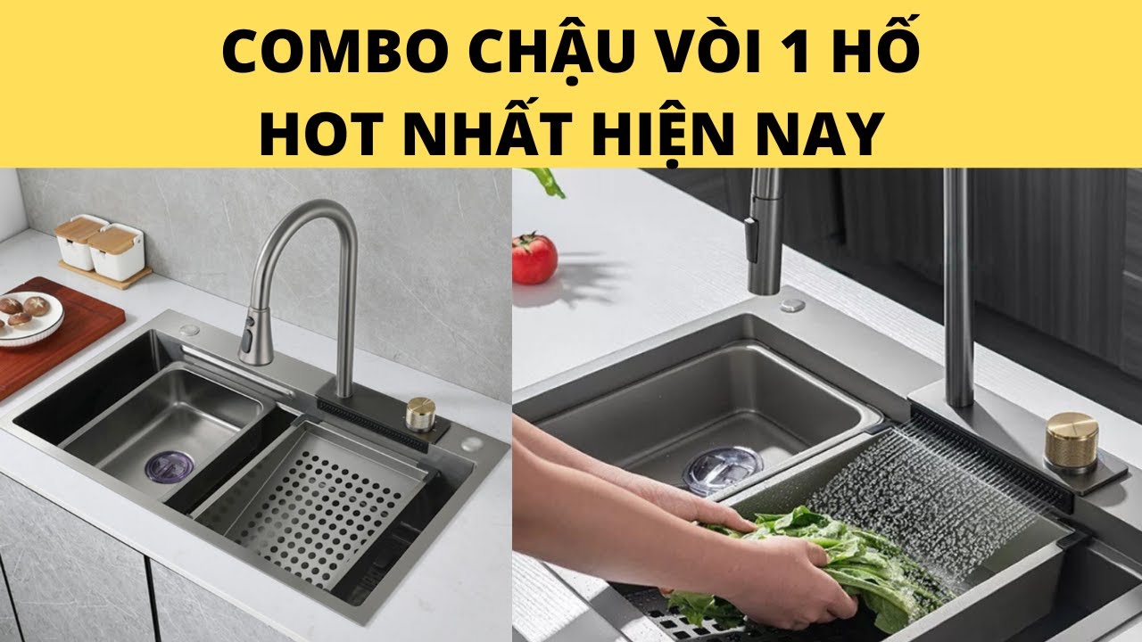 Chậu rửa bát thác nước 1 hố kèm vòi đa chế độ dòng chảy nước kèm bộ phụ kiện inox 304 cao cấp
