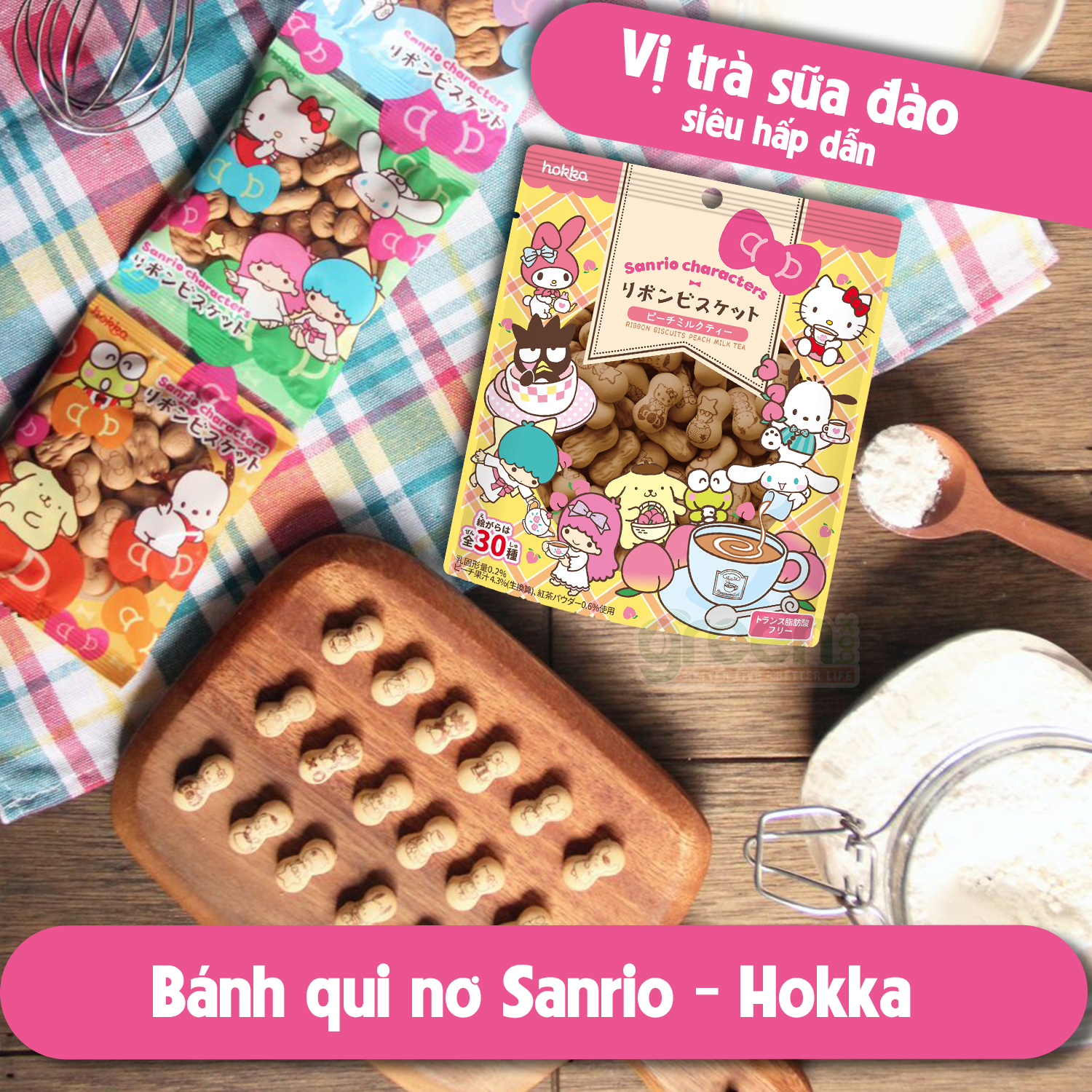 Bánh qui nơ Sanrio vị trà sữa đào Hokka Nhật 42g