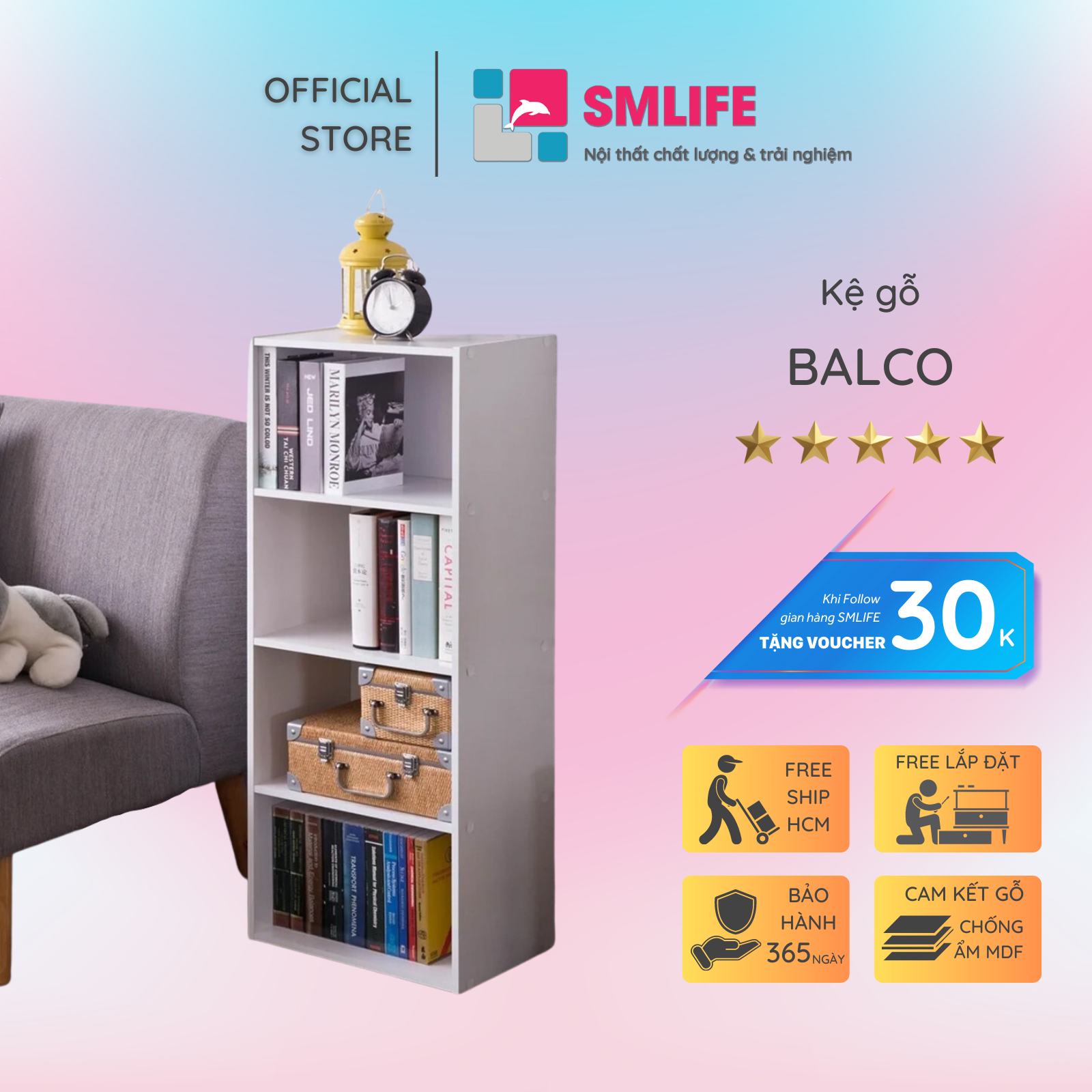 Kệ sách, kệ trang trí gỗ hiện đại SMLIFE Balco  | Gỗ MDF dày 17mm chống ẩm | D40xR28xC120cm