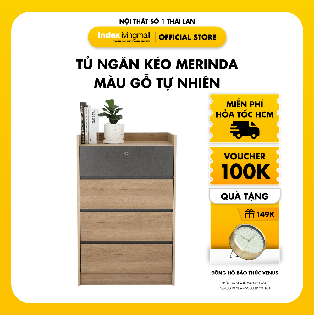 Tủ ngăn kéo gỗ 4 tầng, 1 ngăn khóa MERINDA kiểu dáng đơn giản kết hợp 2 tông màu | Index Living Mall - Phân phối độc quyền tại Việt Nam