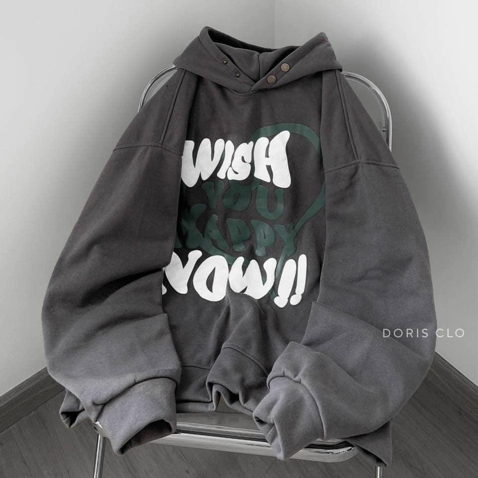 Áo Khoác Hoodie WISH NOW 9 Vải Nỉ PE Cách Nhiệt Cao Cấp Phối Nón Rộng Có Cúc Bấm Phong Cách Ulzzang Hot Trend Mới