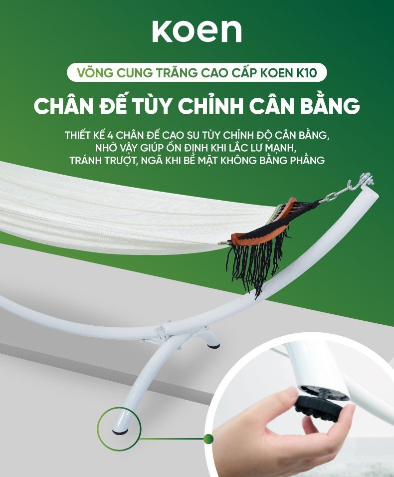 Võng cung trăng koen màu trắng xếp gọn với khung sơn tĩnh điện cao cấp