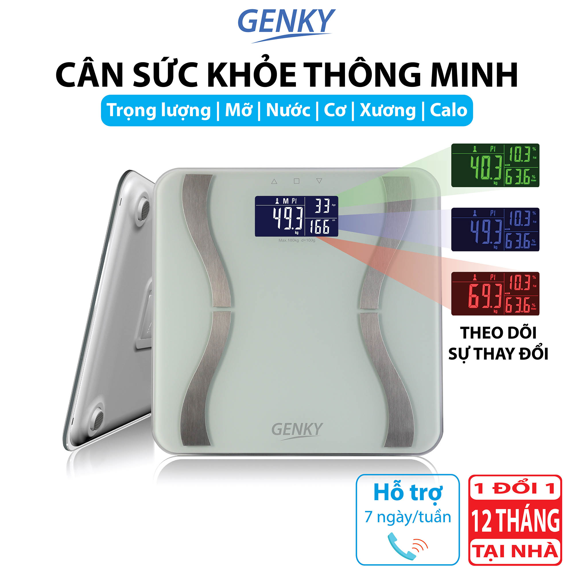 Cân sức khỏe điện tử thông minh Genky - phân tích cơ thể, theo dõi mỡ, cơ, nước, xương, calo, màn hình siêu rộng