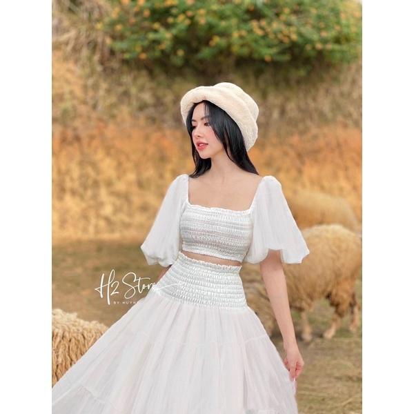Set váy đũi trễ vai màu trắng