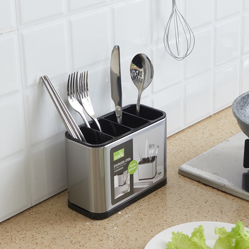 Dụng Cụ Đựng Dao - Muỗng - Đũa - Nĩa Cao Cấp Bọc Thép Không Gỉ Vuống 4 Ngăn