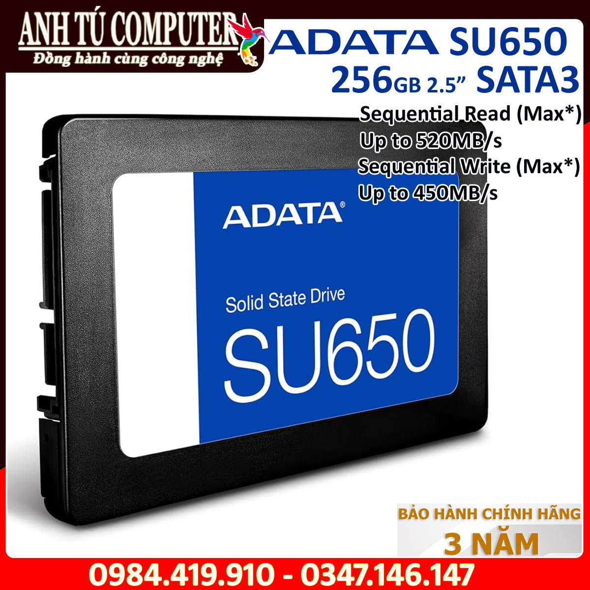Ổ CỨNG SSD ADATA SU650 256GB 2.5″ Sata III hàng chính hãng