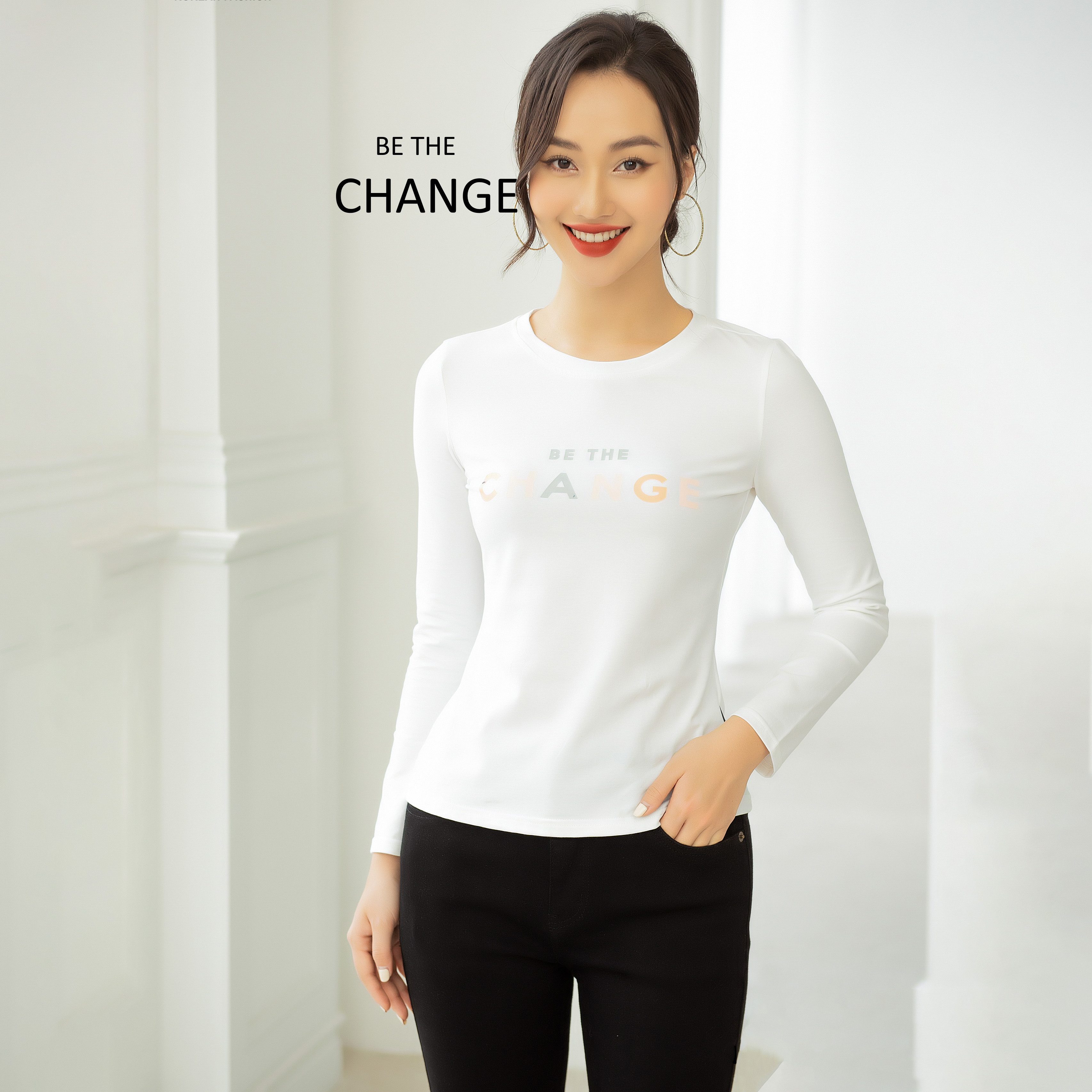 Áo Thun Nữ Dài Tay UK FASHION Dáng Ôm Cổ Tròn In Chữ Change, Chất Liệu Cotton Mềm Mịn, Co Giãn NKAT2012003