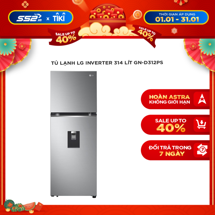 Tủ lạnh LG Inverter 314 Lít GN-D312PS - Hàng chính hãng - Chỉ giao TPHCM, Bình Dương