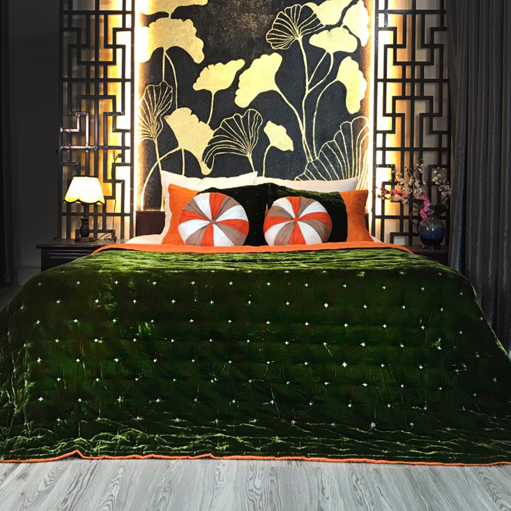 Chăn Nhung Lụa Chần Bông Điều Hòa Cao Cấp Dùng Bốn Mùa - Chăn Nhung Khâu Hoa Thị Màu Olive Drab I Silk Velvet Blanket.