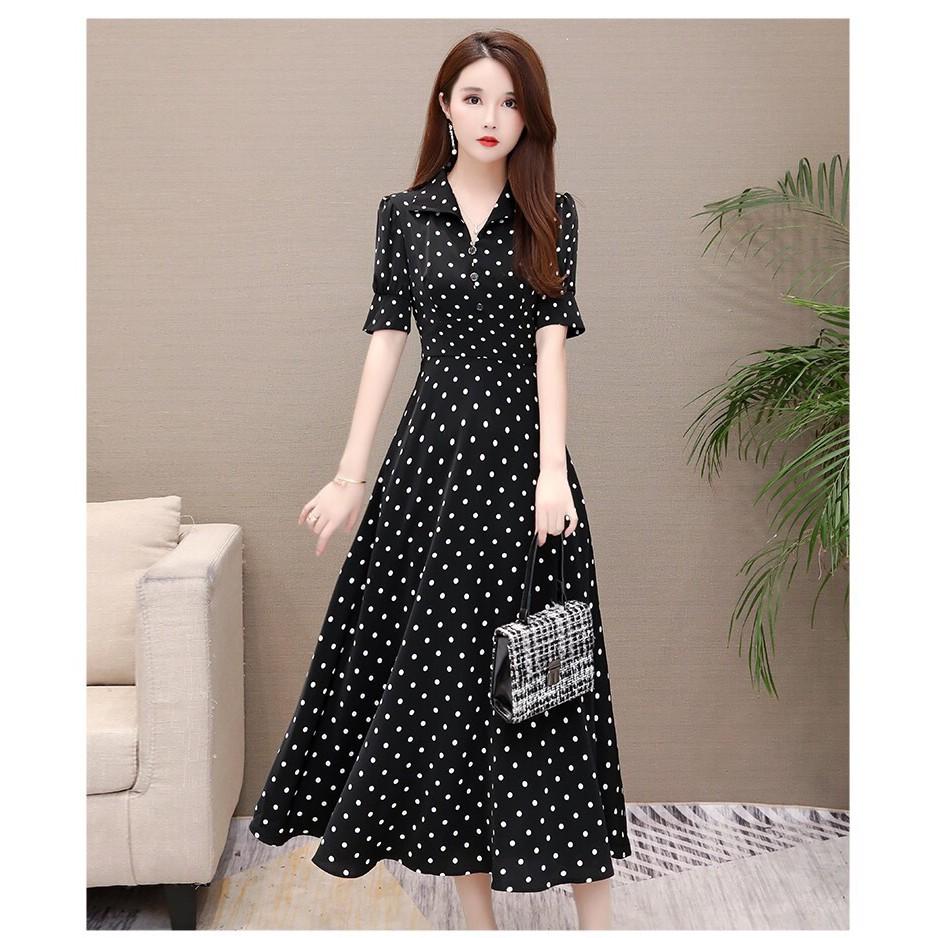 Đầm xòe châm bi tay lỡ cổ sơ mi QC265303