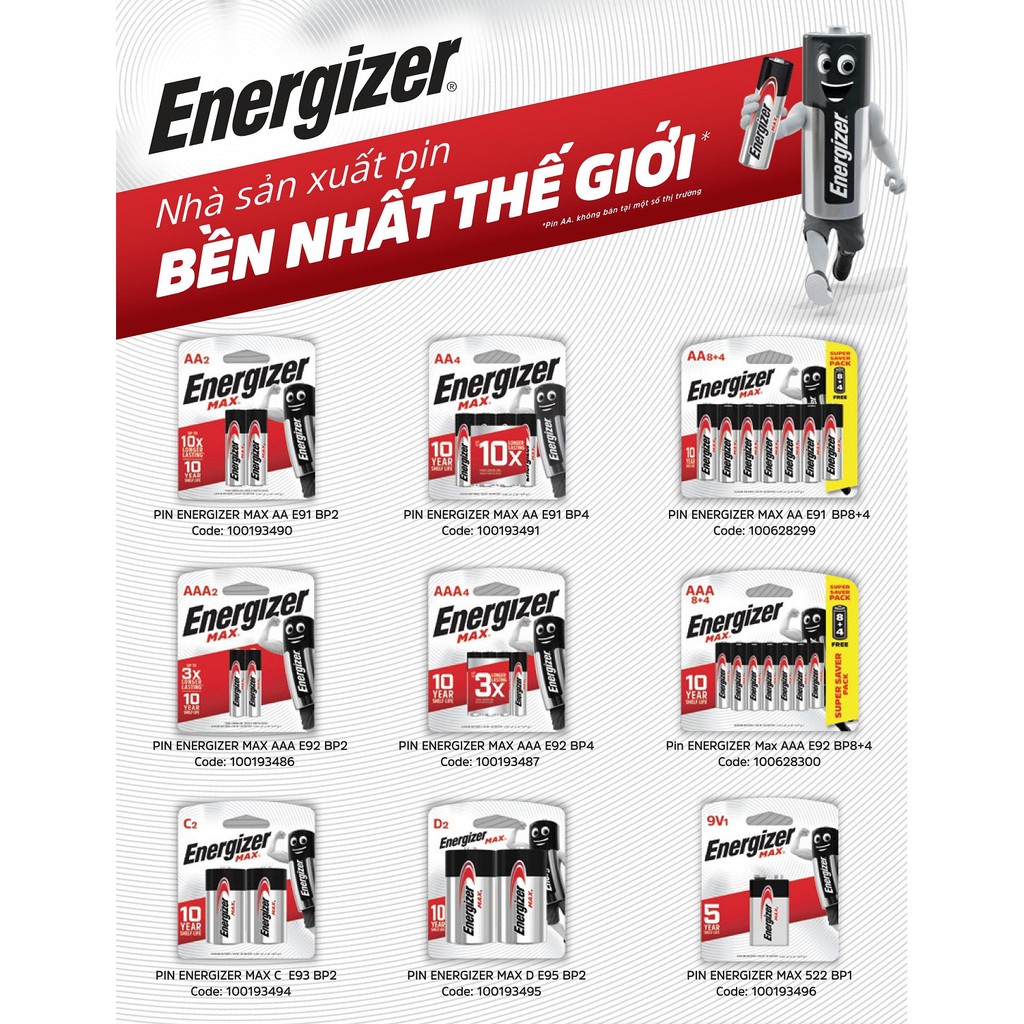 Pin Max 8 + 4 Viên Energizer E91 BP8+4 AAA (Bao bì mới)