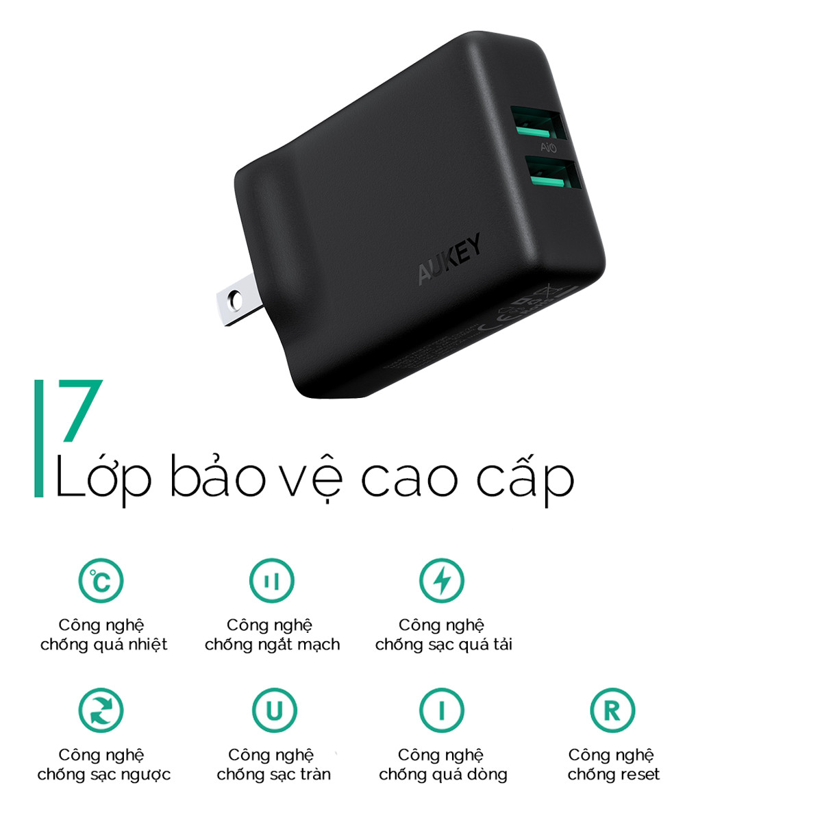 Cốc Sạc 2 Cổng Aukey PA-U50 Công Nghệ Sạc Nhanh GaNFast - Hàng Chính Hãng