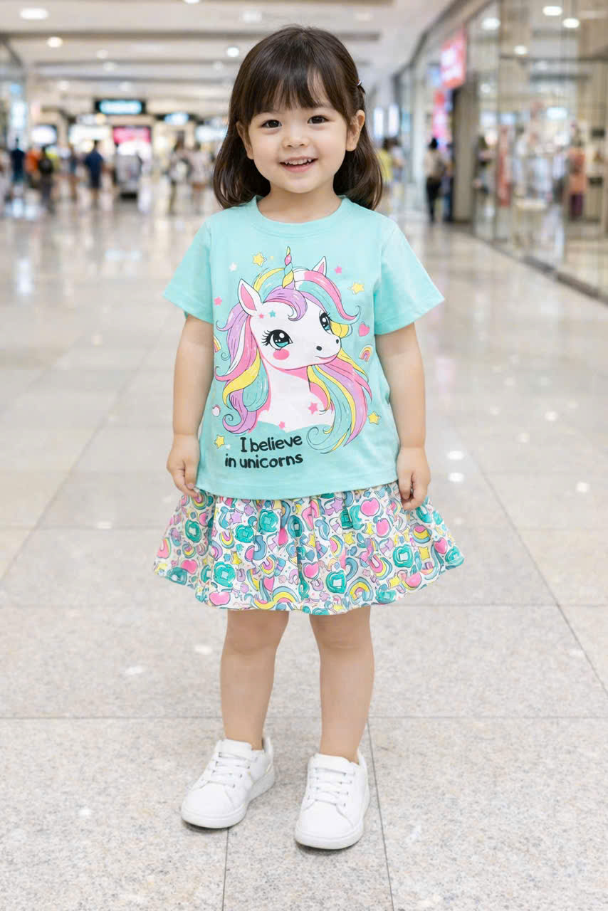 Đồ bộ bé gái, Bộ quần giả váy cho bé gái labubu gấu dâu capybara kuromi từ 10-38kg chất cotton hàng xuất mềm mịn mát