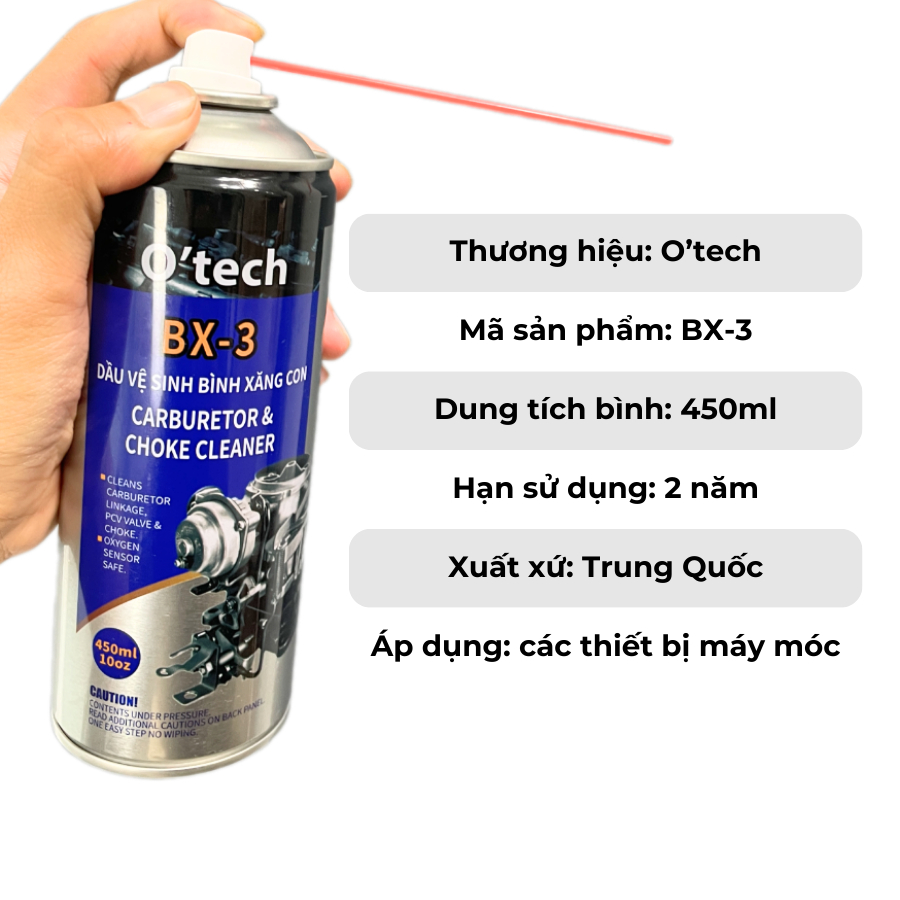 Bình xịt tẩy rửa dầu nhớt, vệ sinh bình xăng con O'TECH BX-3 (450ml) carburetor & choke cleaner, carbon cleaner