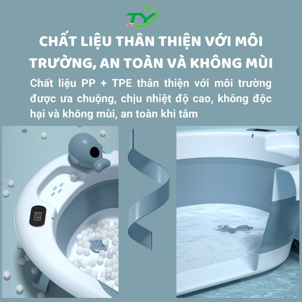 Bồn Tắm, Thay tắm Cỡ Lớn Gấp Gọn có nhiệt kế Tiện Dụng Cho Trẻ kèm phao tắm lớn chất liệu cao cấp, có nút thoát nước (màu ngẫu nhiên)