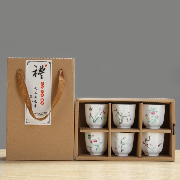 Set hộp quà tặng 6 cốc sứ uống trà, ly sứ in hoa phong thủy 75ml