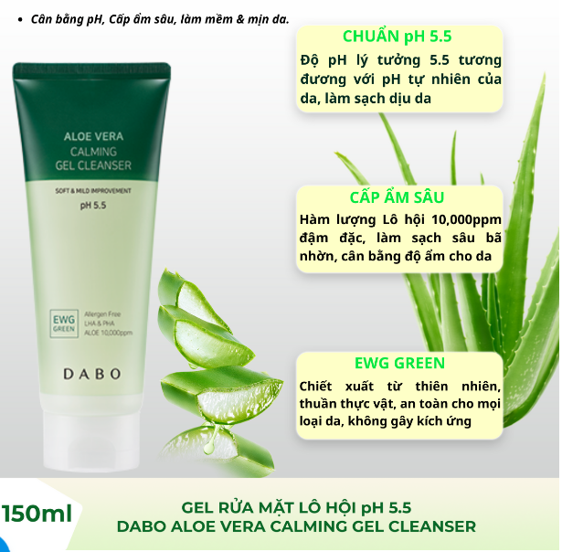 Gel Rửa Mặt Lô Hội pH 5.5 - DABO Aloe Vera Calming Gel Cleanser 150ml cân bằng độ ẩm, dưỡng da mềm mượt