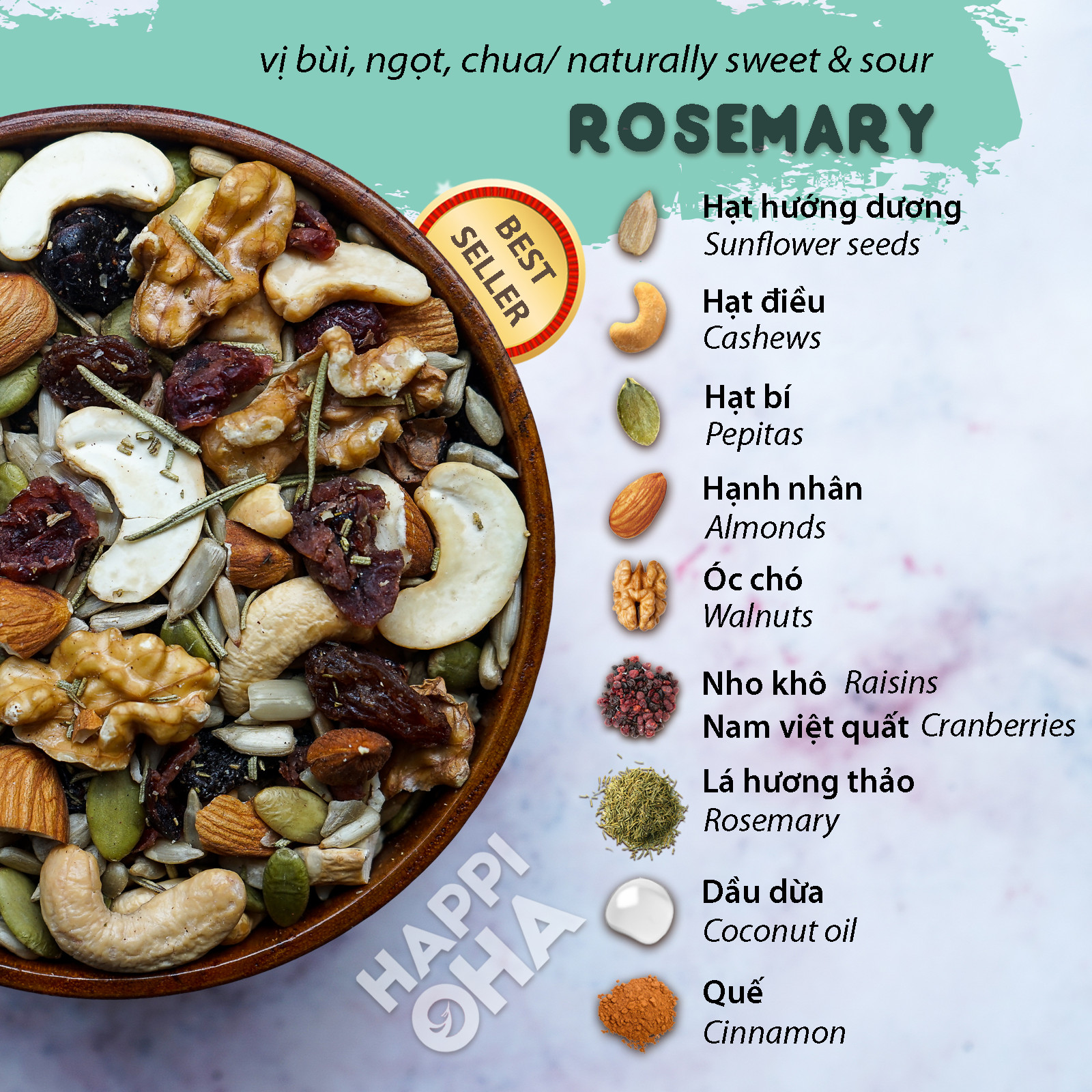 Hạt Dinh Dưỡng &amp; Quả Khô Rang Hương Thảo 400G - ROSEMARY TRAILMIX HAPPI OHA - Ăn Kiêng/Ăn Sáng Không Đường Tinh Luyện