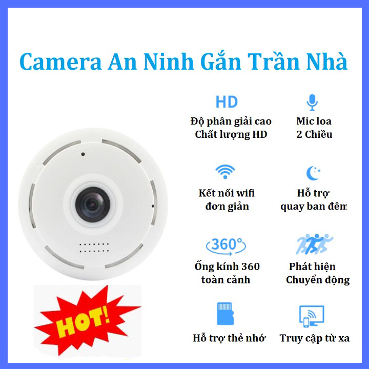 Camera Chống Chộm Gắn Ốp Tường Trần Nhà, Kết Nối Wifi, Xem Từ Xa, Giám Sát Toàn Cảnh 360, Độ Phân Giải HD Cao