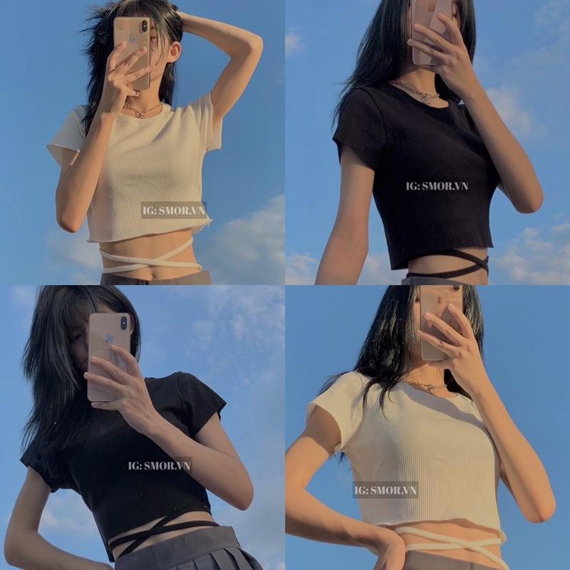 Áo croptop tay ngắn, đan dây eo