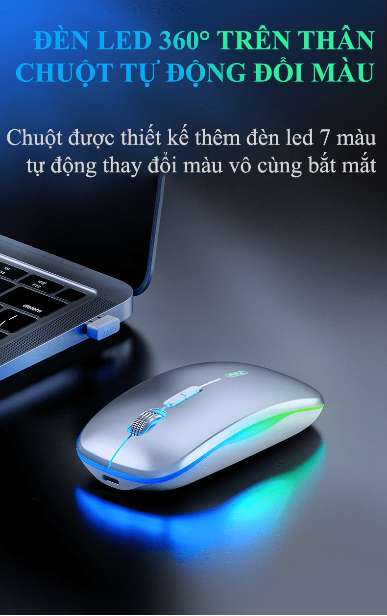 Chuột không dây INPHIC M1L có đèn led 7 màu tự động thay đổi kết nối bằng chip USB 2.4G với 4 mức độ DPI  - HN