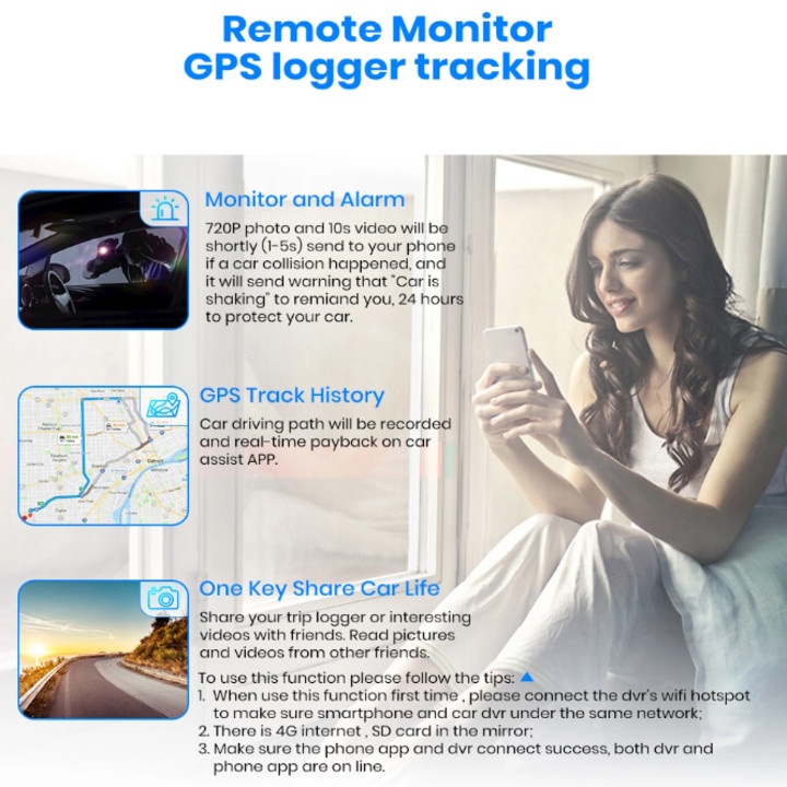 Camera hành trình gương ô tô, xe hơi cao cấp Z68 tích hợp 4G, Wifi, màn hình cảm ứng 12 inch