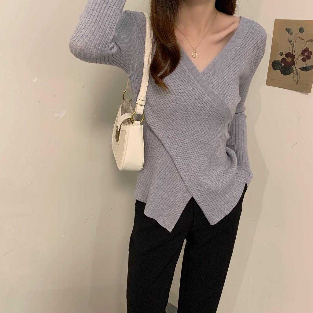 Áo sweater dệt kim cổ chữ V duyên dáng thời trang cho nữ 2186162