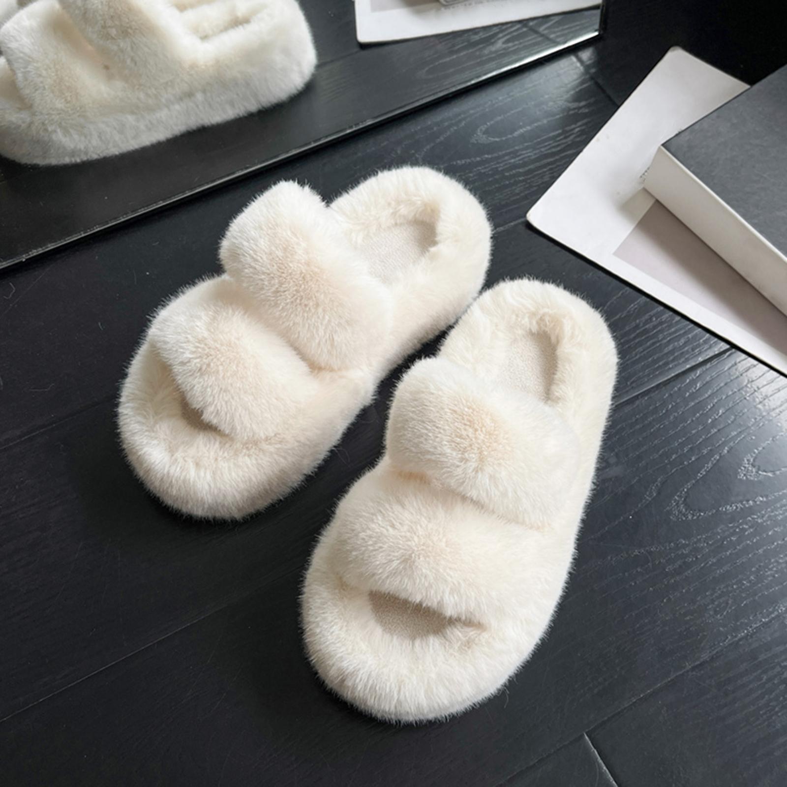 Women Fuzzy Slippers Plush House Shoes with Two Band Fashion Anti Slip Thick Sole Open Toe Slide Slippers Winter Slippers for Bedroom