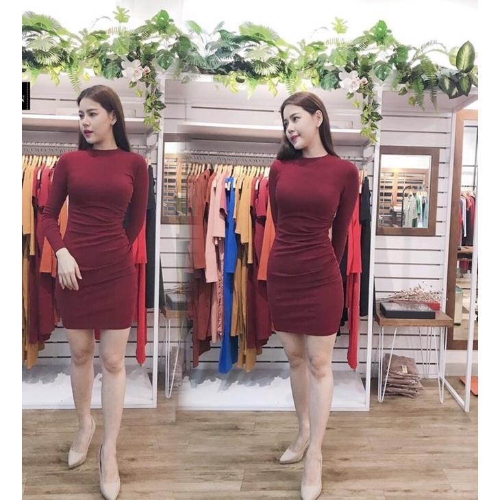 F306T Đầm Ôm Cổ Tròn Tay Dài Dúng Eo Một Bên