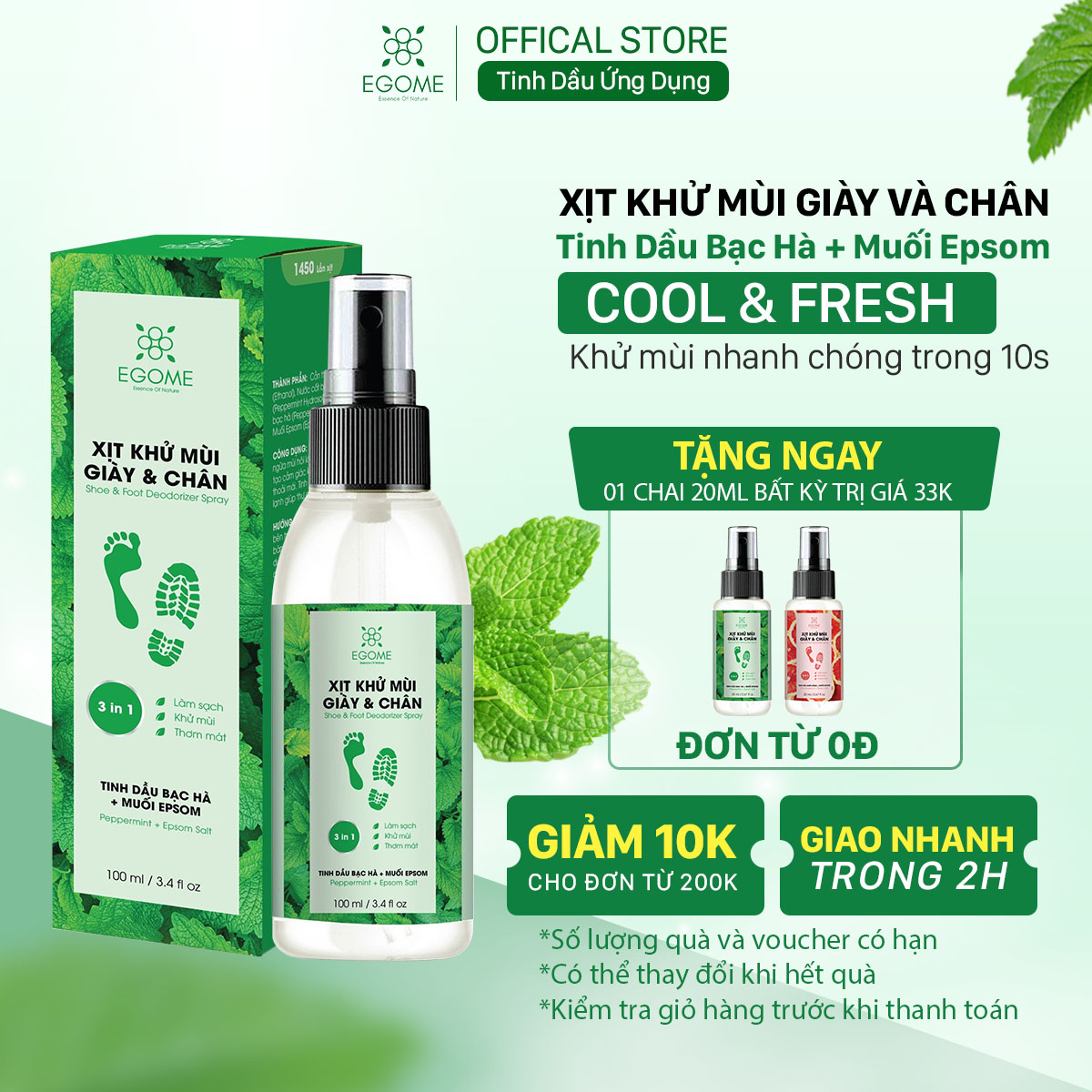 Xịt Khử Mùi Giày Và Chân Egome Tinh Dầu Bạc Hà làm sạch và thơm mát 100ml