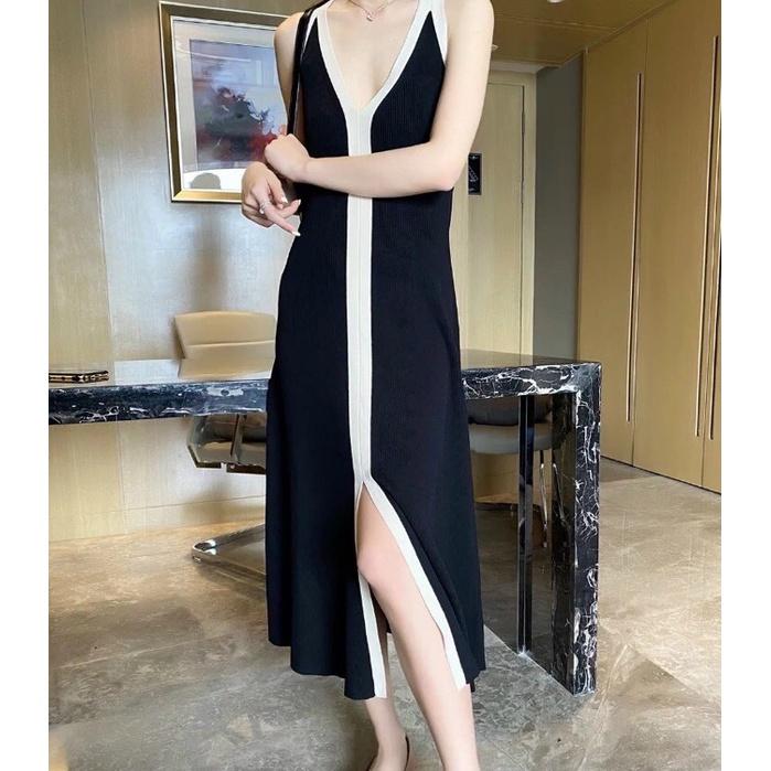 Đầm váy len nữ dệt kim cổ V phom suông phối viền xẻ trước sexy