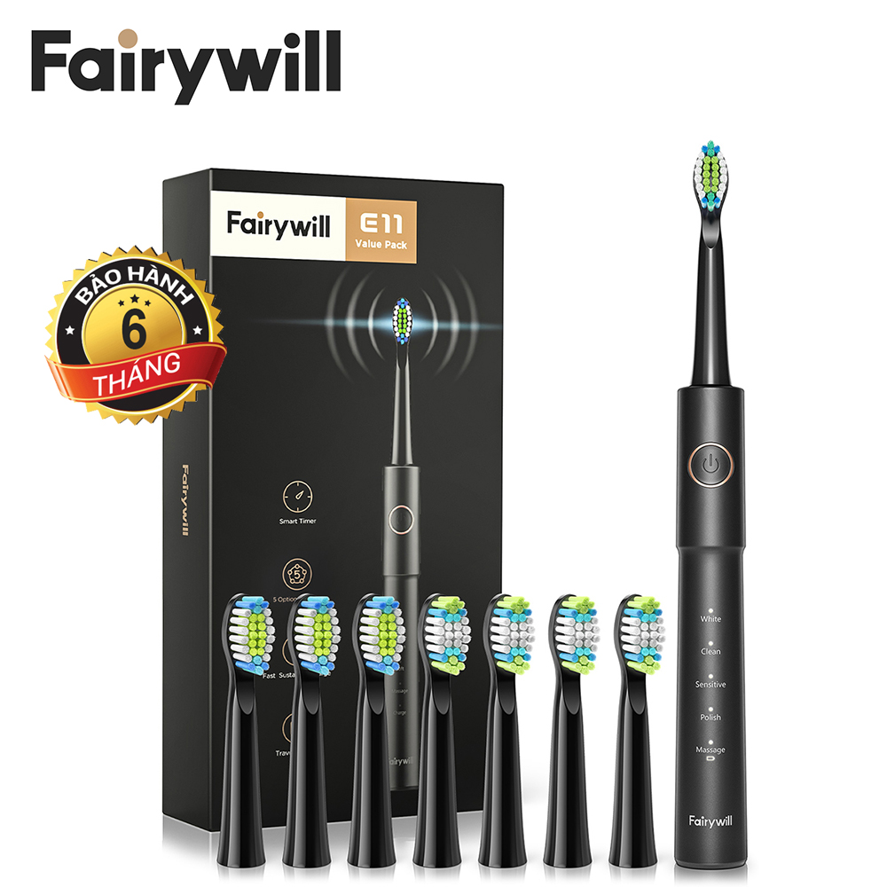 Bàn chải điện Fairywill E11 Black &amp; 8 Đầu Thay Thế