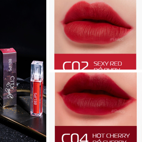 Combo son kem lì mỏng mịn mềm môi C02 Sexy Red + C04 Hot Cherry Belips City At Night