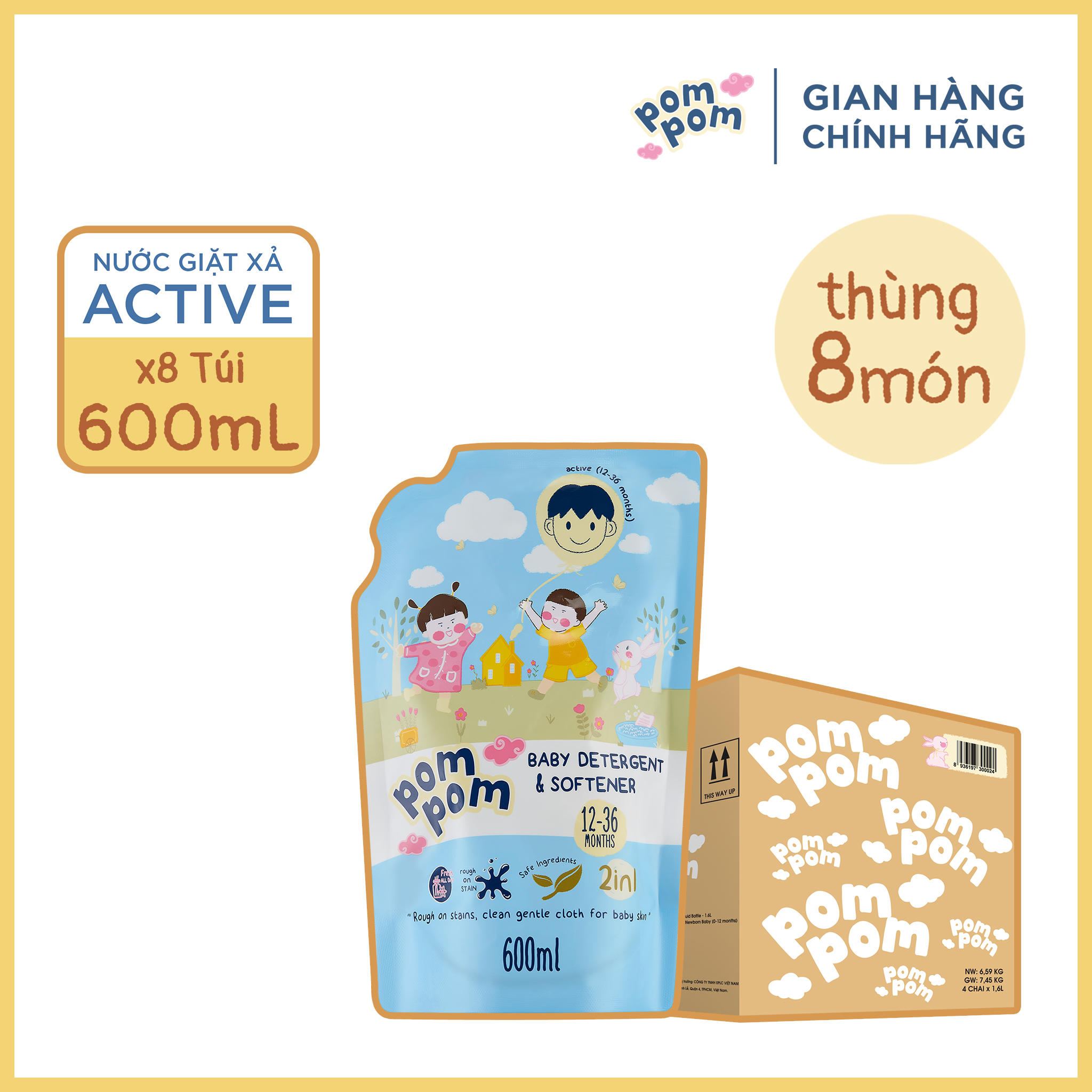 Thùng 8 Túi Nước Giặt Xả Cho Bé Từ 12-36 Tháng Tuổi - Dung tích 600ml